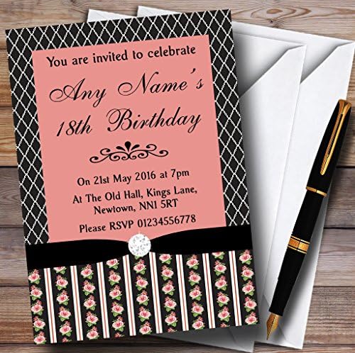 Черно-Коралово Розови Рози в стил Изтъркан Шик Персонални Покани на парти по случай рождения Ден