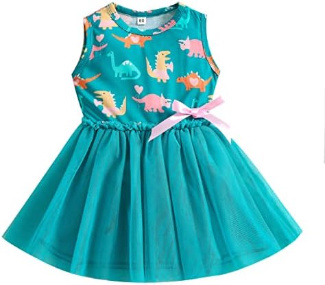 Мозайка Принцеса Рокля без ръкави с лък за малки момичета, Тюлевые рокли с Динозавром за деца, Джинсовое рокля-Жилетка (Зелено, 1-2 г.)