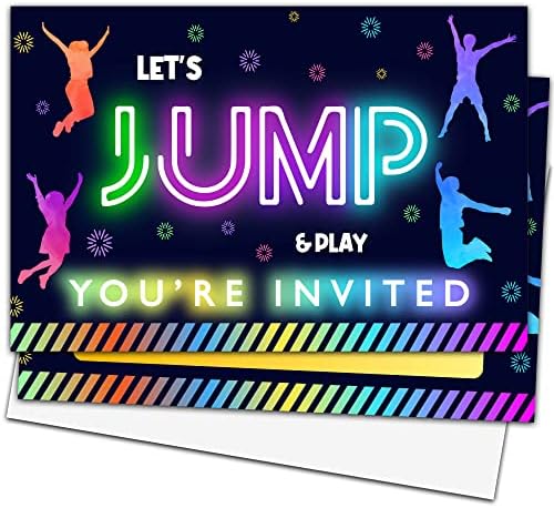 Покани Картички на парти в чест на рождения ден на ISOVF 4 x 6 Neon Jump с конвертами (20 групи) - Покана за парти на батут Прескочи