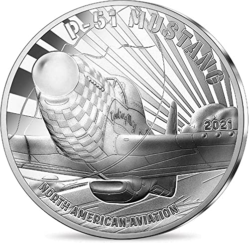 Модерна възпоменателна монета PowerCoin P51 Mustang 2021 г., Сребърна монета за авиацията и историята, 10 евро, Франция 2021 г.,