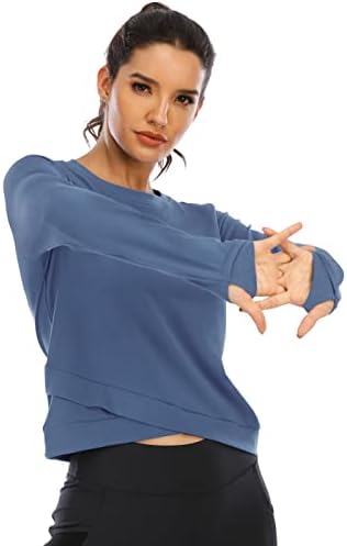 Дамски Съкратен Върховете ICTIVE с дълъг ръкав, Ризи Свободно за Намаляване на Йога, Дамски Спортни Ризи с дълъг ръкав и Отвор за