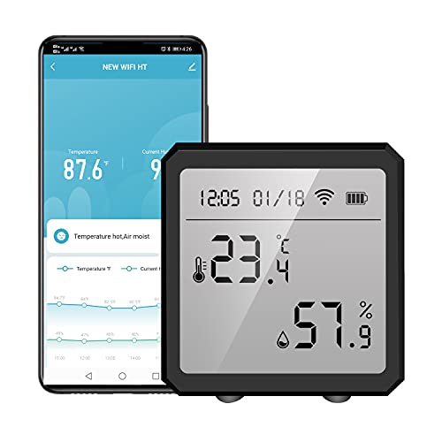 WiFi Термометър-Влагомер, Интелигентен Сензор за температура и влажност на Hristo с Предизвестие от приложения, LCD дисплей, С Поддръжка