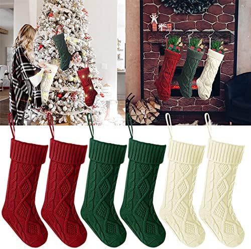 TODOZO Класически 6 опаковки Трикотажни Коледни Чорапи, Бижута за трикотажни отглеждане, Отглеждане в селски стил за семейна почивка, цвят Слонова Кост, Бяло, Зелено, К