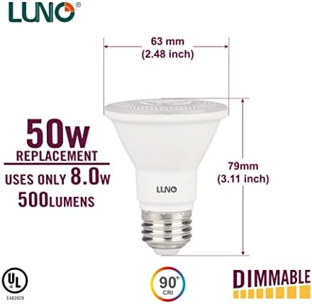 Led лампа LUNO PAR20 с регулируема яркост, CRI 90+, 8 W (еквивалент на 50 W), 500 Лумена, 4000 До (неутрално бяла), Средна база
