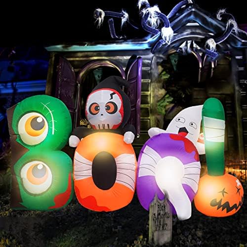8-Футовое Надувное украса за Хелоуин w. Вградени led Светлини, Надуваема Сцена Boo с Тиква и Призрак, Надувное Украса за Хелоуин