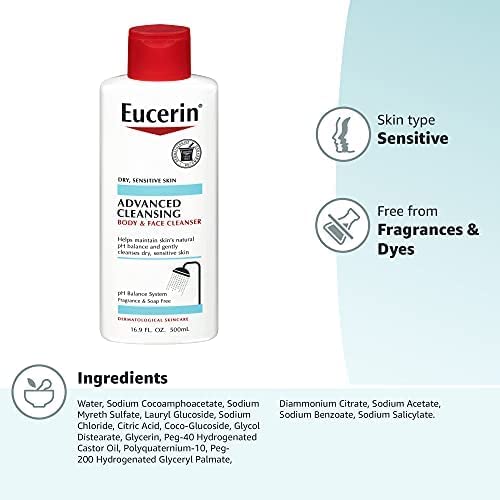 Eucerin Напреднал Почистващо средство за лице и тяло - Без ароматизатори и сапун за суха, чувствителна кожа - Бутилка обем 16,9