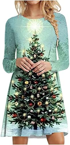 BADHUB Xmas_Dress Дамско Модно Коледно Рокля с принтом Елхи с Дълъг ръкав и кръгло деколте