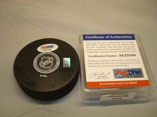 Шон Monaghan Подписа хокей шайба Калгари Флеймс с автограф на PSA /DNA COA 1A - за Миене на НХЛ с автограф