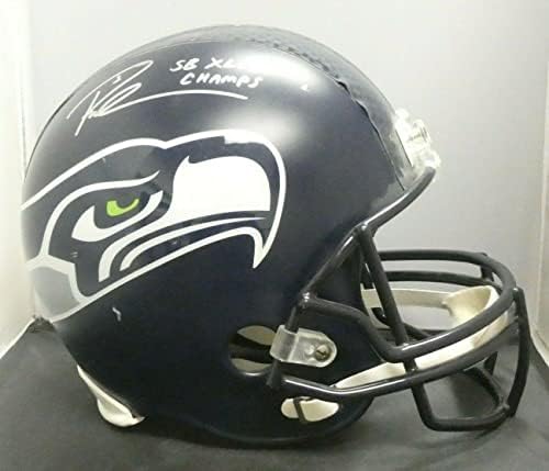 Ръсел Уилсън Подписа Голям Футболен каска Seattle Seahawks за супер Боул - Каски NFL с Автограф