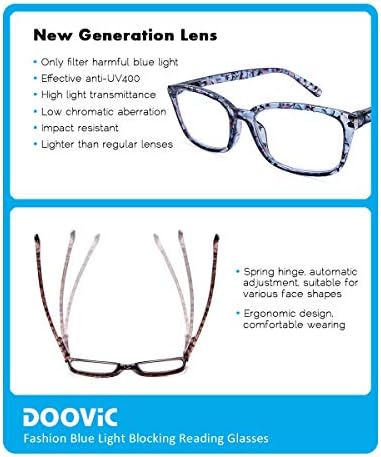 DOOViC 4 Опаковки Компютърни Очила За Четене, Блокиране на Синя Светлина, Анти-Напрежение на Очите, Пружинни Панти, Стилни Очила